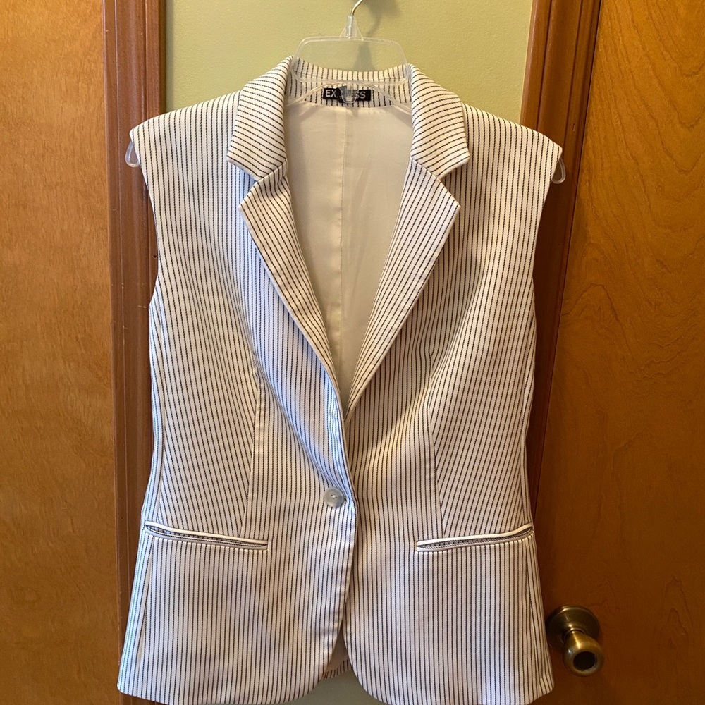 Last Call Before Donating: Express White and Blue Striped Blazer Vest
